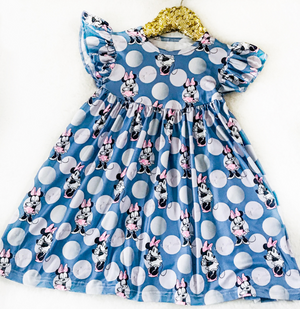 Girls Fun Character Dresses - Blue Circle Pastel Mouse - retro minnie mouse with pink head bow and skirt and shoes