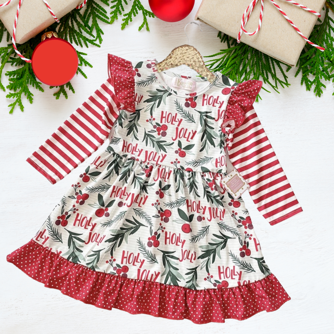 Winter Fun Girls Twirl Dresses - Holly Jolly - Red Stripe sleeves - red polka dot ruffle shoulders and skirt edge
