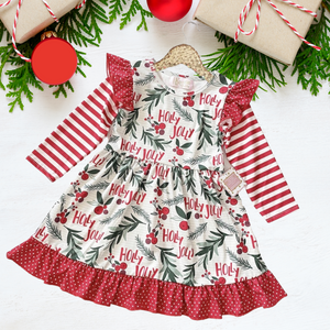 Winter Fun Girls Twirl Dresses - Holly Jolly - Red Stripe sleeves - red polka dot ruffle shoulders and skirt edge