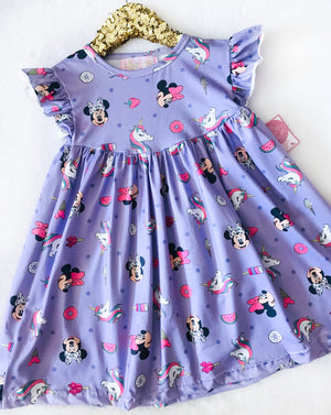 Girls Fun Character Dresses - Mouse & Unicorn | Purple - has pink & white donuts, strawberries, push-pops, lollipops, and watermelons