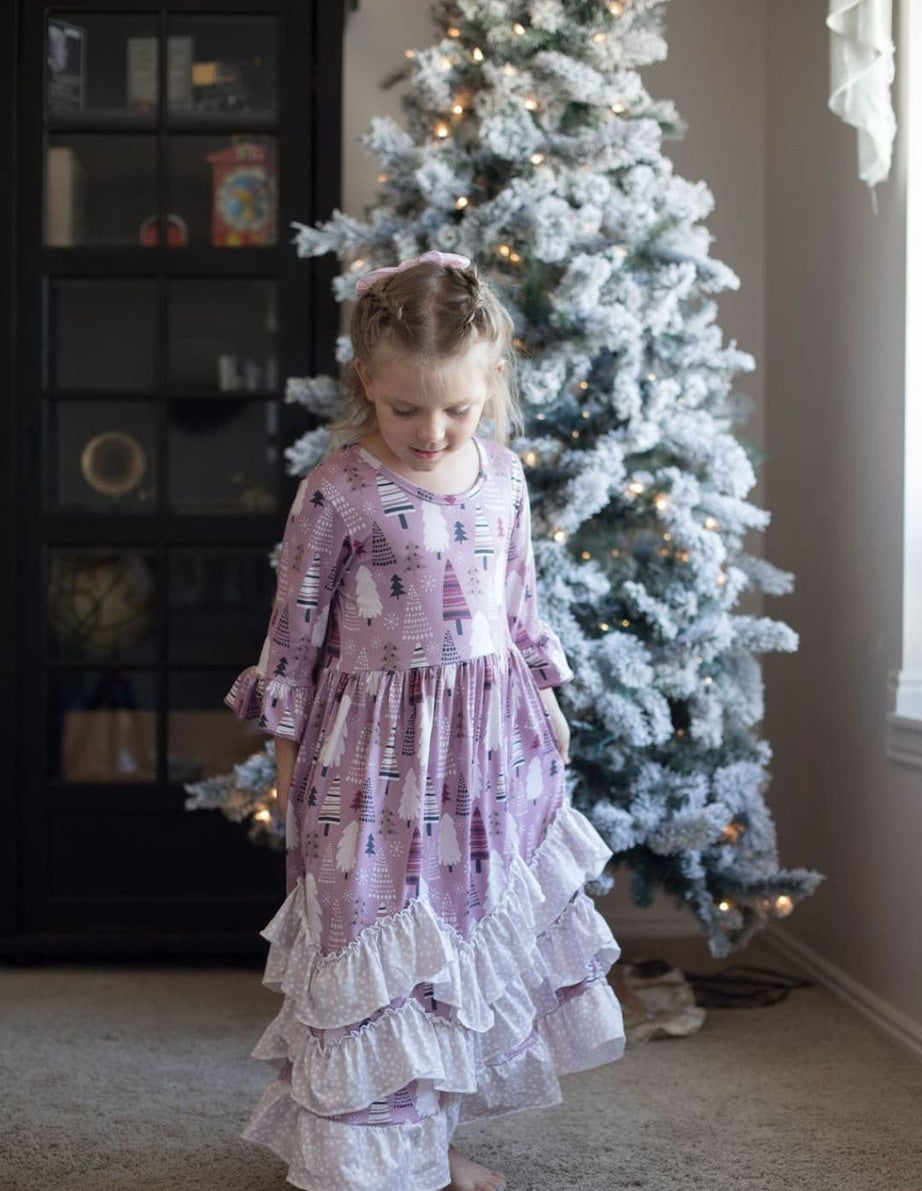 Girls Long Ruffle Holiday/Christmas Dresses - Pink Tree