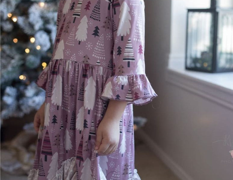 Girls Long Ruffle Holiday/Christmas Dresses - Pink Tree