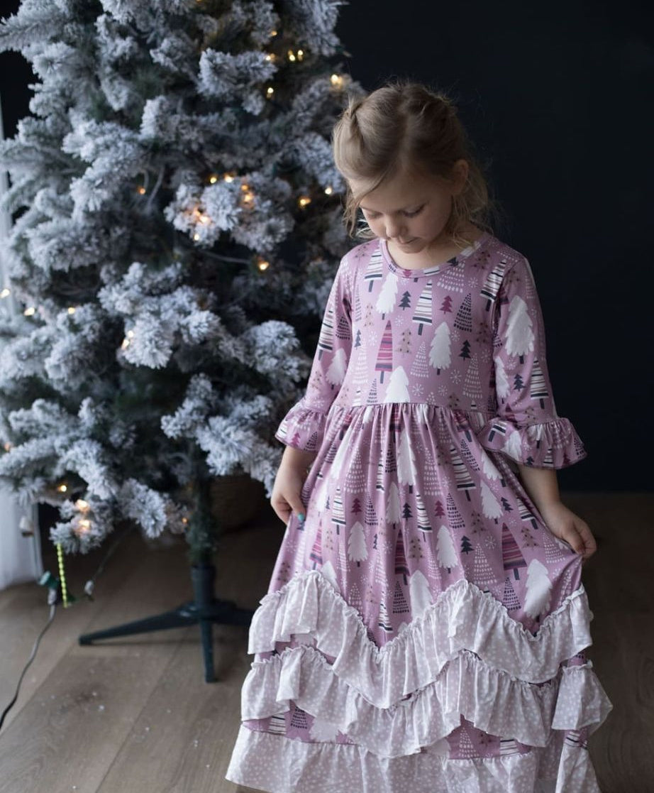 Girls Long Ruffle Holiday/Christmas Dresses - Pink Tree