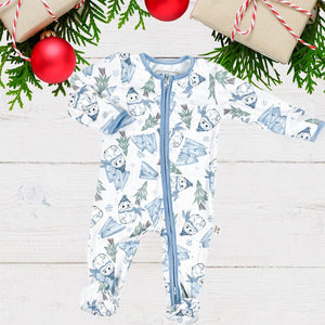 Silly Snowman & Ice Mountains zippy sleeper jumper with crushed trees, white background, and ice blue trim