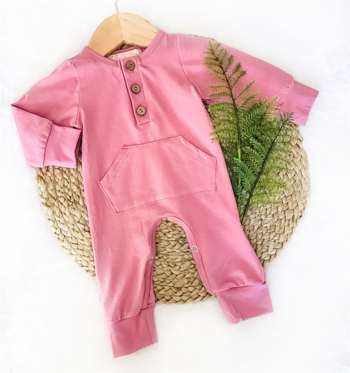 Baby Girls Dusty Rose Pocket Deluxe Romper - 1/3 buttons around neckline, pocket on front, long sleeves