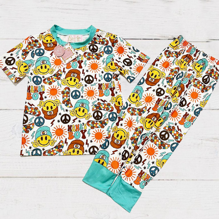 Boys 2-Piece Short Sleeve Pajamas - Retro Mamas Boy Skateboard & Smilies