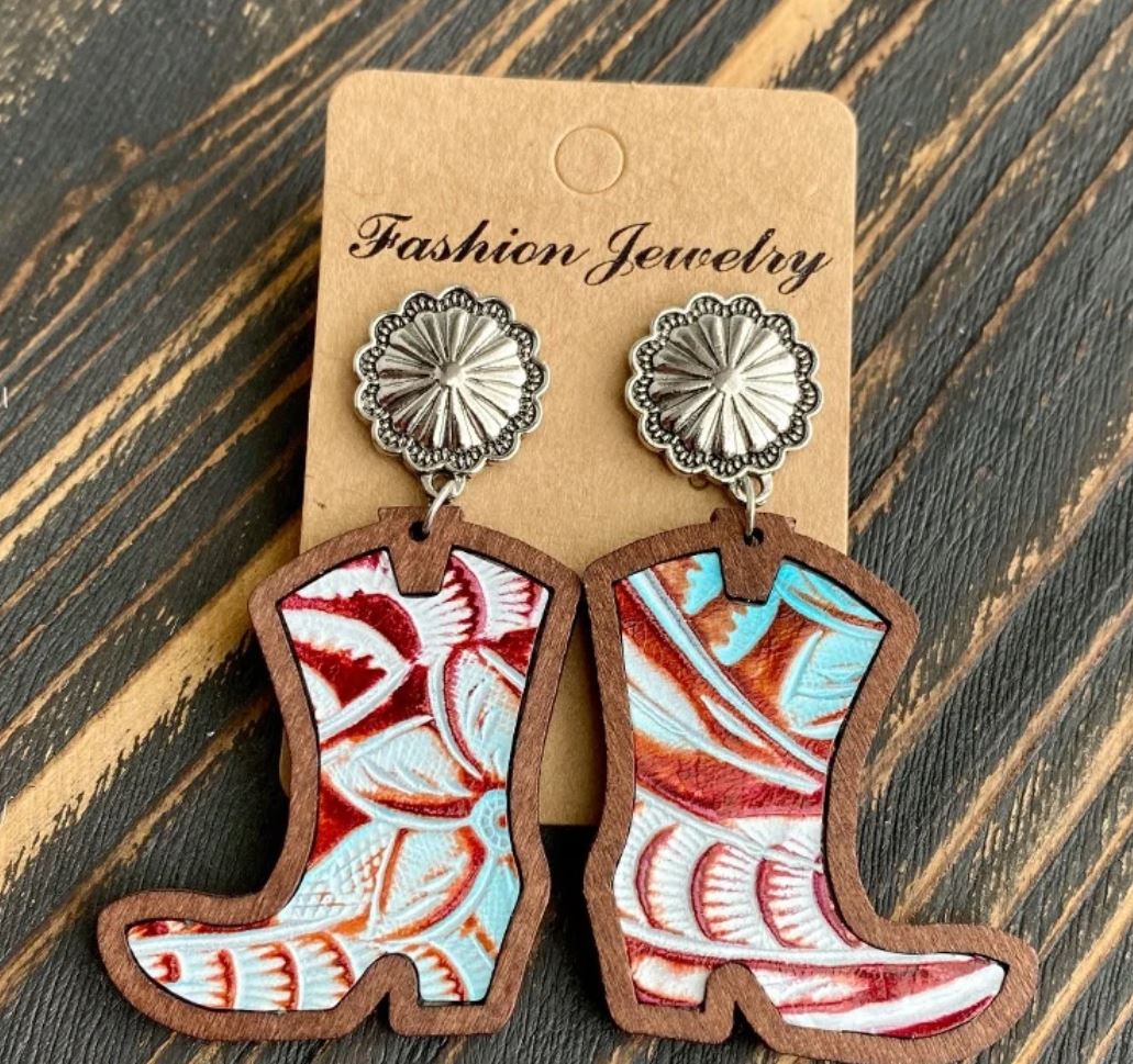 Western Cowboy Boots Earrings Classic Leopard Print Genuine Leather Inlaid Wood Texture Stud Earrings