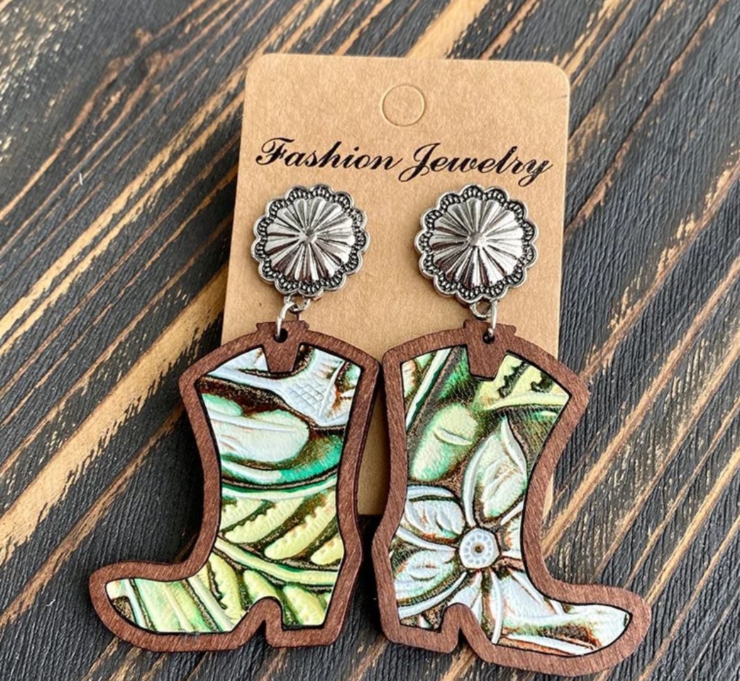 Western Cowboy Boots Earrings Classic Leopard Print Genuine Leather Inlaid Wood Texture Stud Earrings