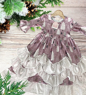 Girls Long Ruffle Holiday/Christmas Dresses - Pink with pink, polka dot, and white trees - grey polka dot ruffle skirt edge