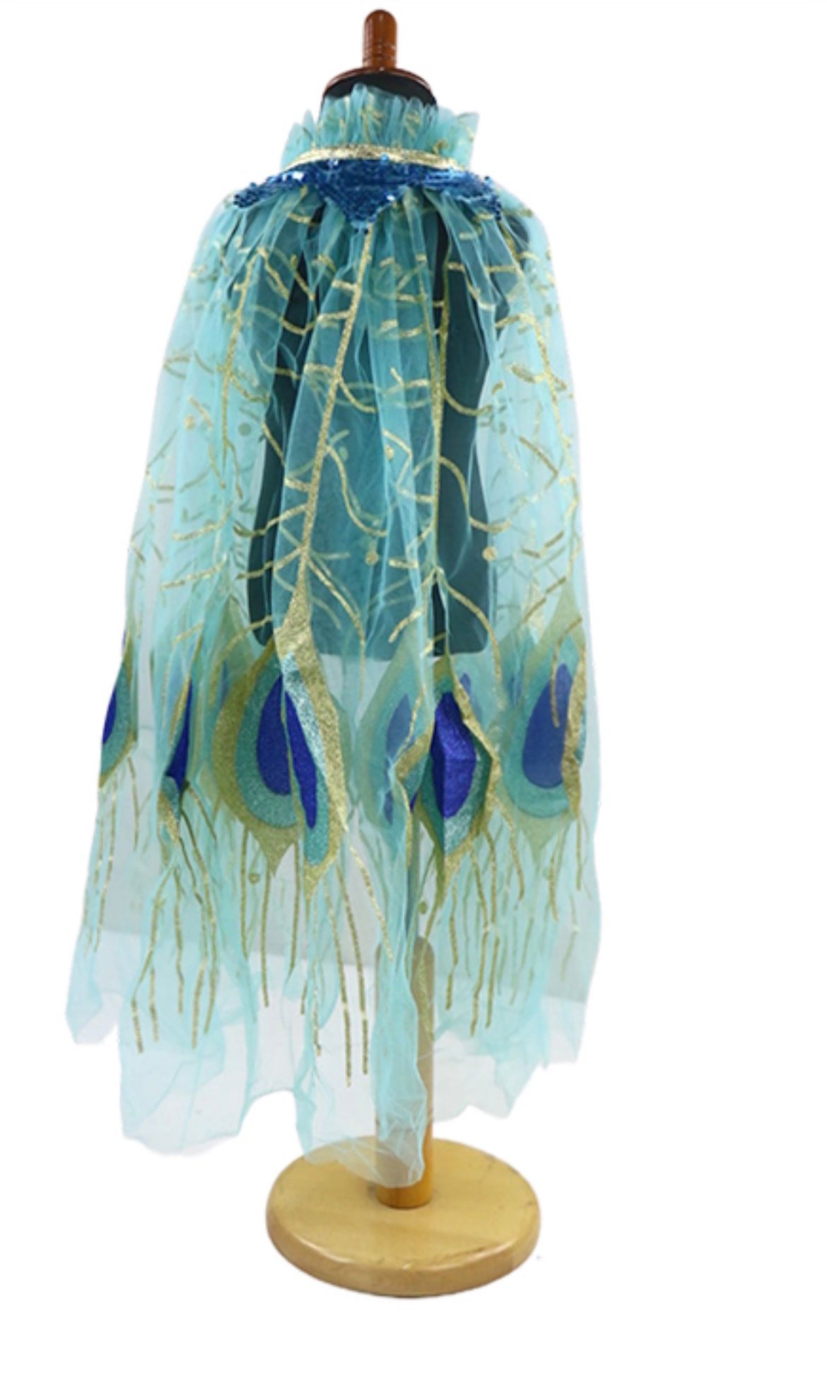 Girls Fun Theme Park Princess Capes - Turquoise Peacock Feathers - tulle cape - tie neck with soft bobbles