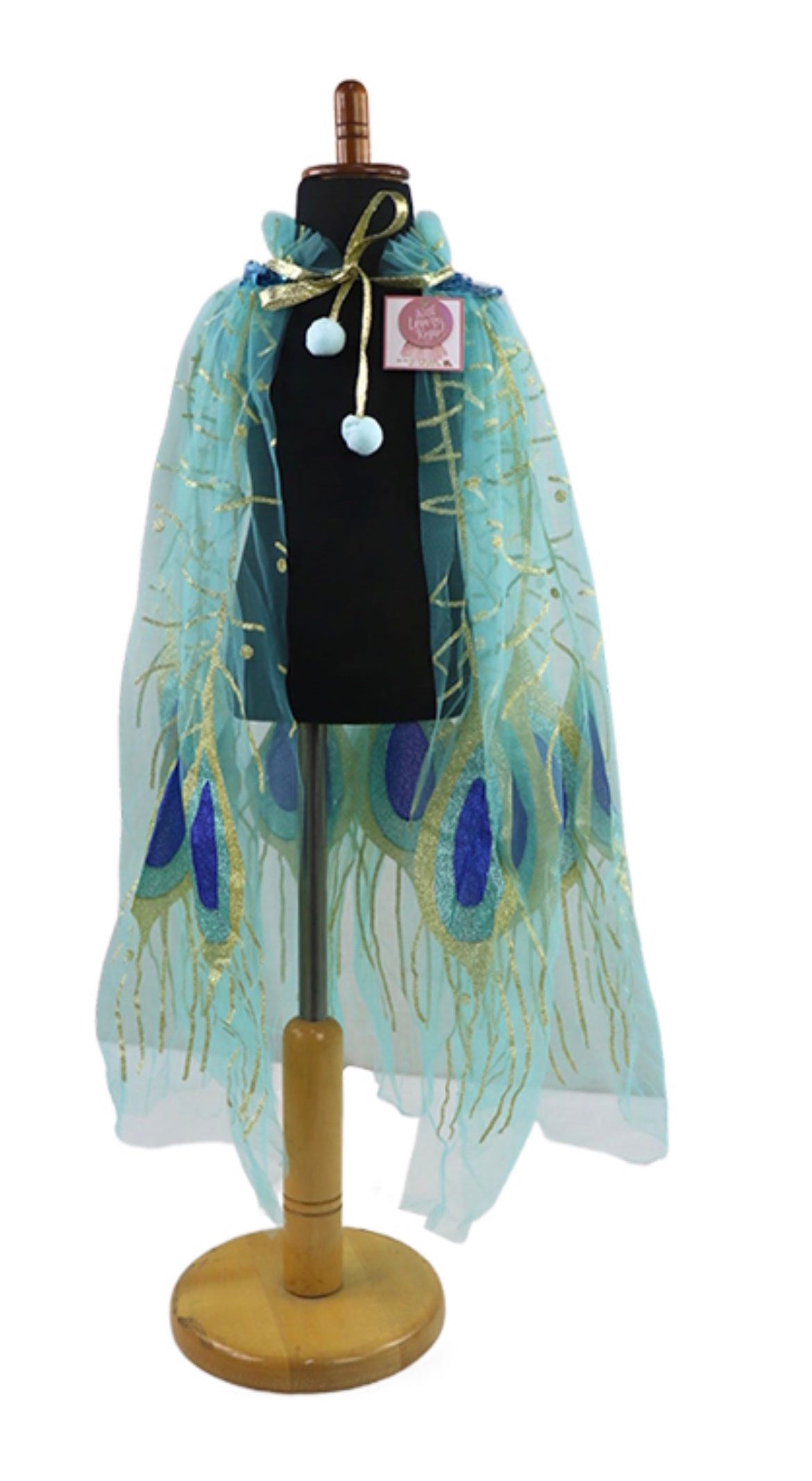 Girls Fun Theme Park Princess Capes - Turquoise Peacock Feathers - tulle cape - tie neck with soft bobbles