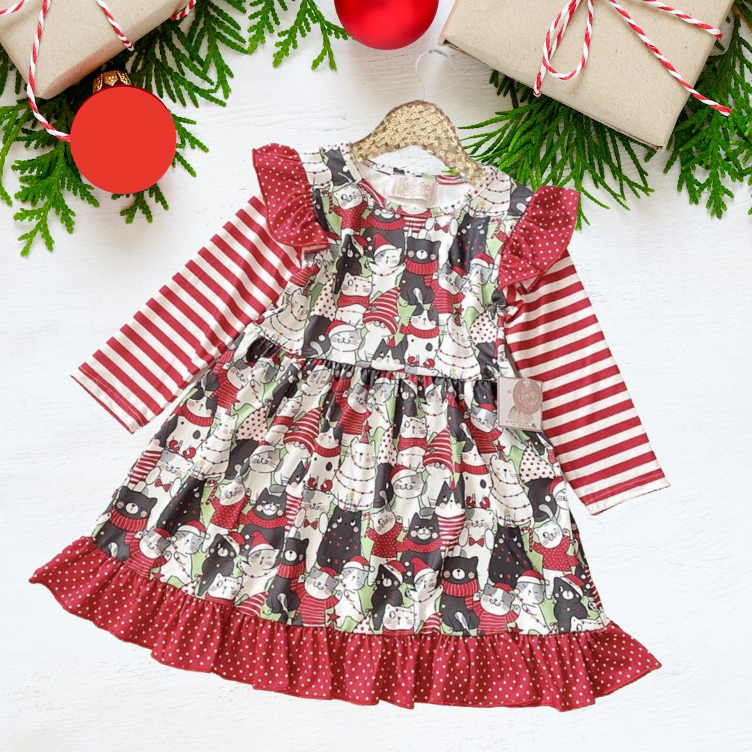 Winter Fun Girls Twirl Dresses - Cats in red scarves & hats & winter lights