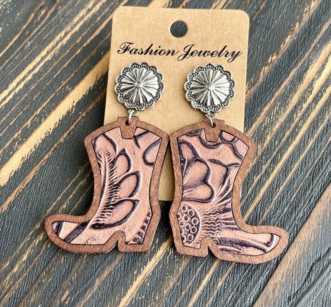 Western Cowboy Boots Earrings Classic Leopard Print Genuine Leather Inlaid Wood Texture Stud Earrings