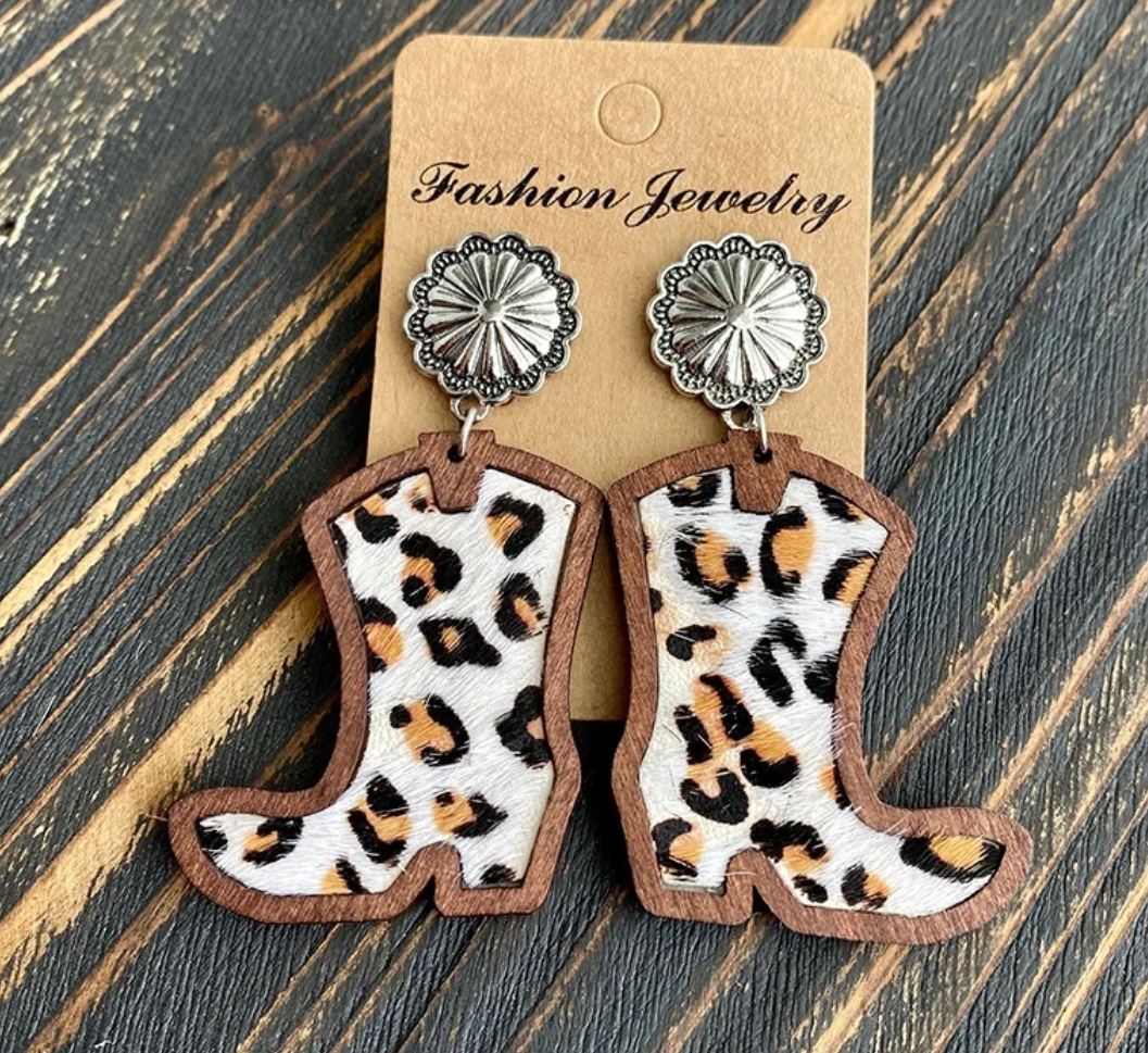 Western Cowboy Boots Earrings Classic Leopard Print Genuine Leather Inlaid Wood Texture Stud Earrings