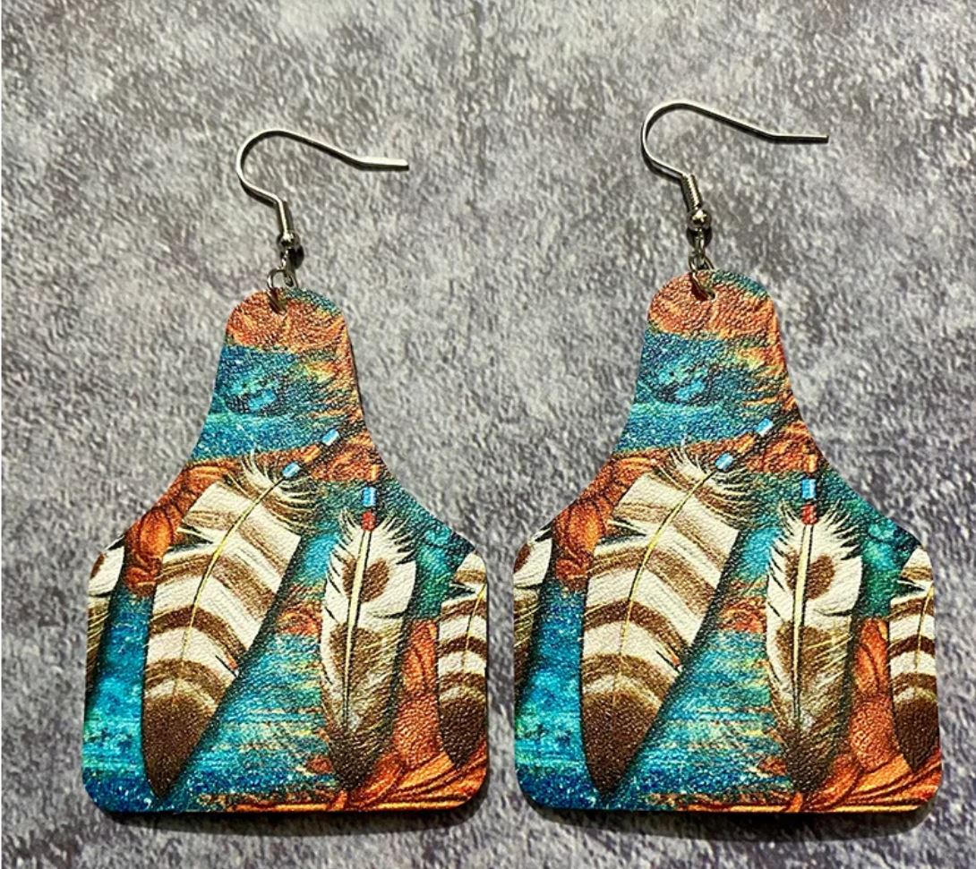 Western Retro Leather Earrings Bohemian Style Printed Fashion Water Drop Cow Brand Earrings