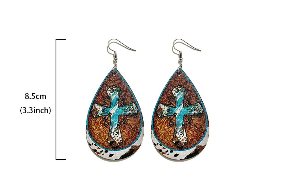 Western Retro Leather Earrings Bohemian Style Printed Fashion Water Drop Cow Brand Earrings