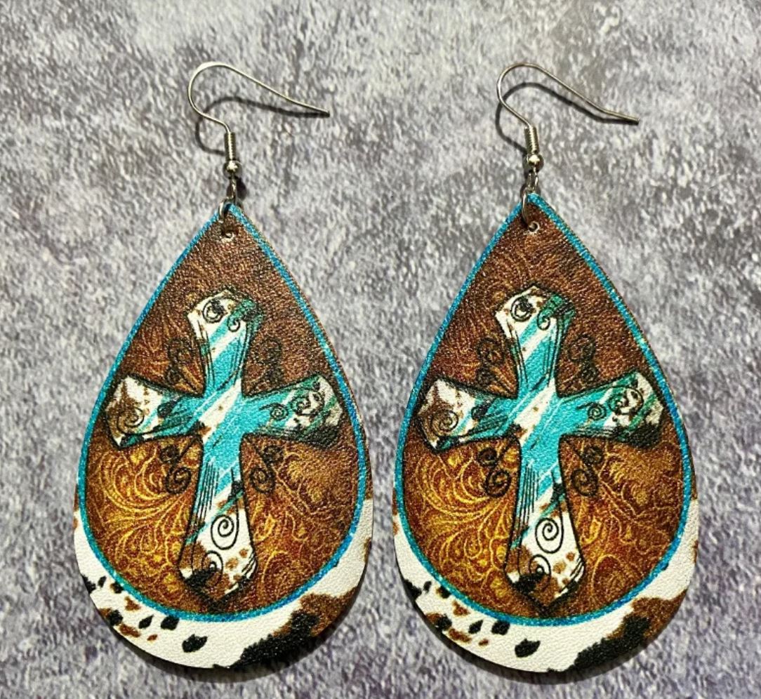Western Retro Leather Earrings Bohemian Style Printed Fashion Water Drop Cow Brand Earrings