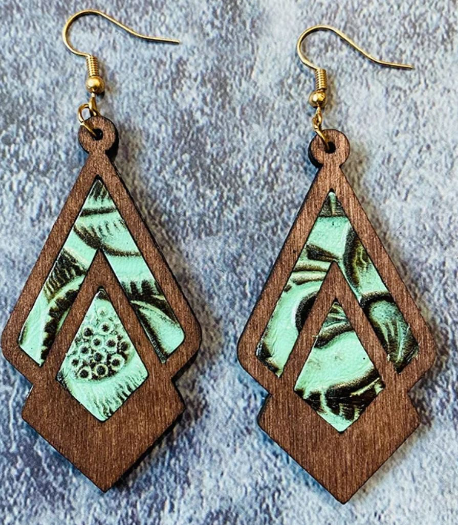 Vintage Genuine Leather Earrings Western Cowhide Embossed Inlaid Wooden Earrings Geometric Hollow