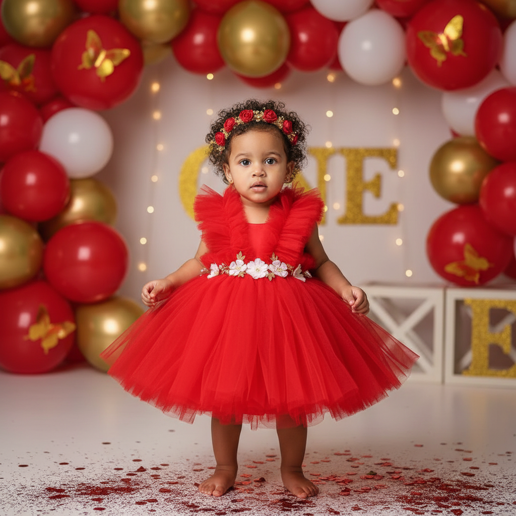 Kryssi Kouture Girls Ruffled Tulle Red Swan Dress