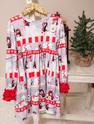 Winter Fun Girls Twirl Dresses - Grey & Red Penguins & Polar Bears with red ruffle wrist cuffs