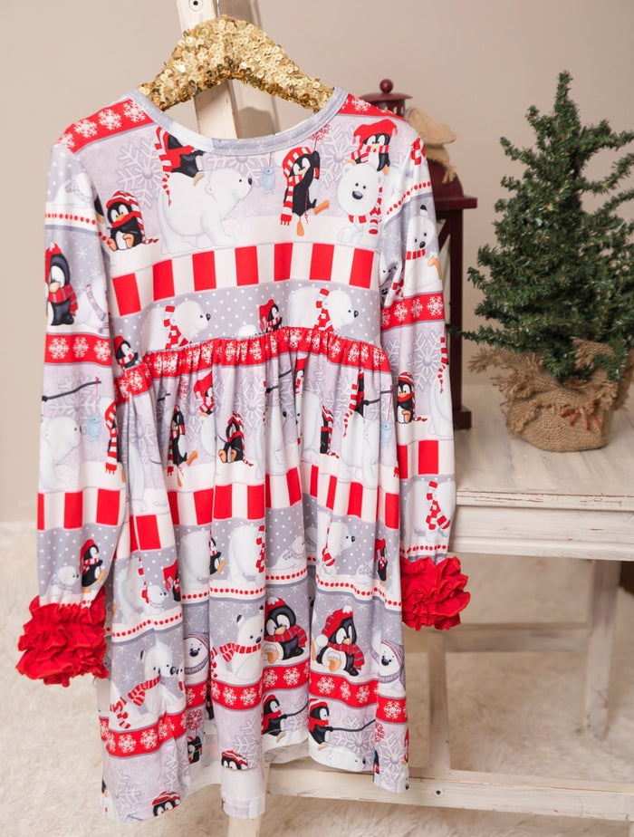 Winter Fun Girls Twirl Dresses - Grey & Red Penguins & Polar Bears