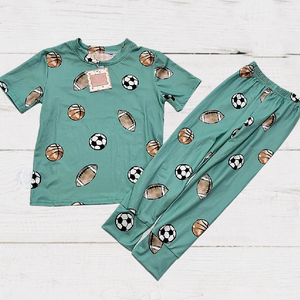 Boys 2-Piece Short Sleeve Pajamas - Green with Sports Balls - american football, soccer (british football), basketball