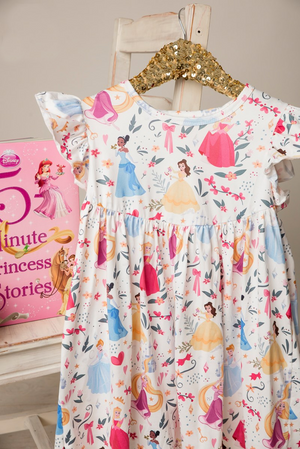 Girls Fun Character Dresses - White Princesses - belle, aurora, tiana, cinderella, rapunzel