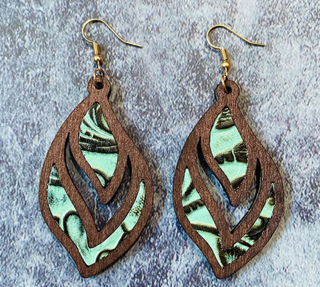 Vintage Genuine Leather Earrings Western Cowhide Embossed Inlaid Wooden Earrings Geometric Hollow
