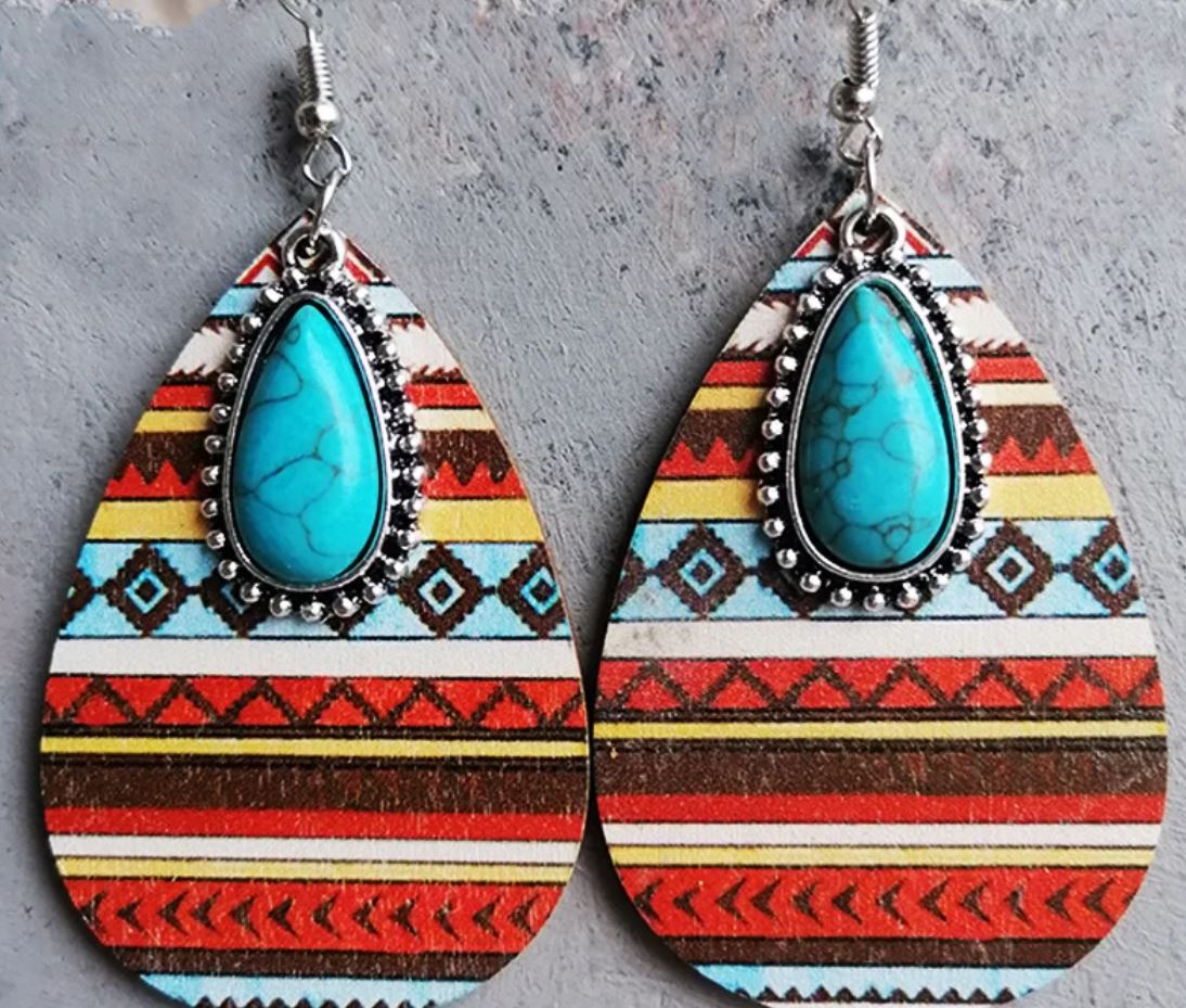 2 Pairs Women's Earrings Turquoise Pendant Vintage Ethnic Style Aztec Western Bohemian