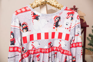 Winter Fun Girls Twirl Dresses - Grey & Red Penguins & Polar Bears with red ruffle wrist cuffs
