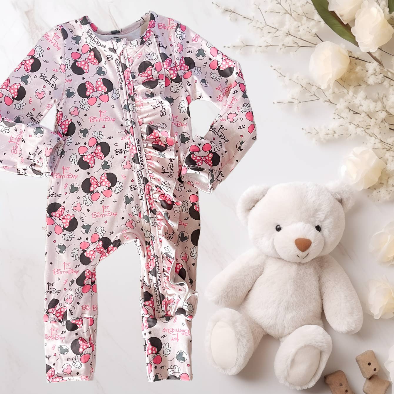 Baby Girl First Birthday Zippies Sleepers - Pink Mouse