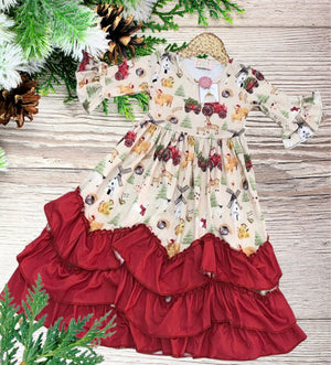 Girls Long Ruffle Holiday/Christmas Dresses - Farm Animals, Tractors, and Windmills