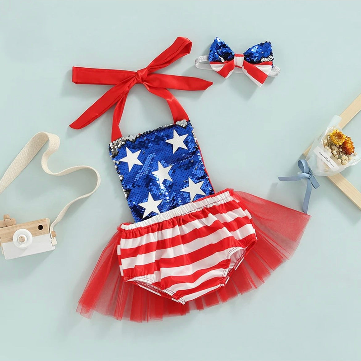 Girls Independence Day Blue Star Sequin Red Stripe Tutu Romper - red tie neck - open back