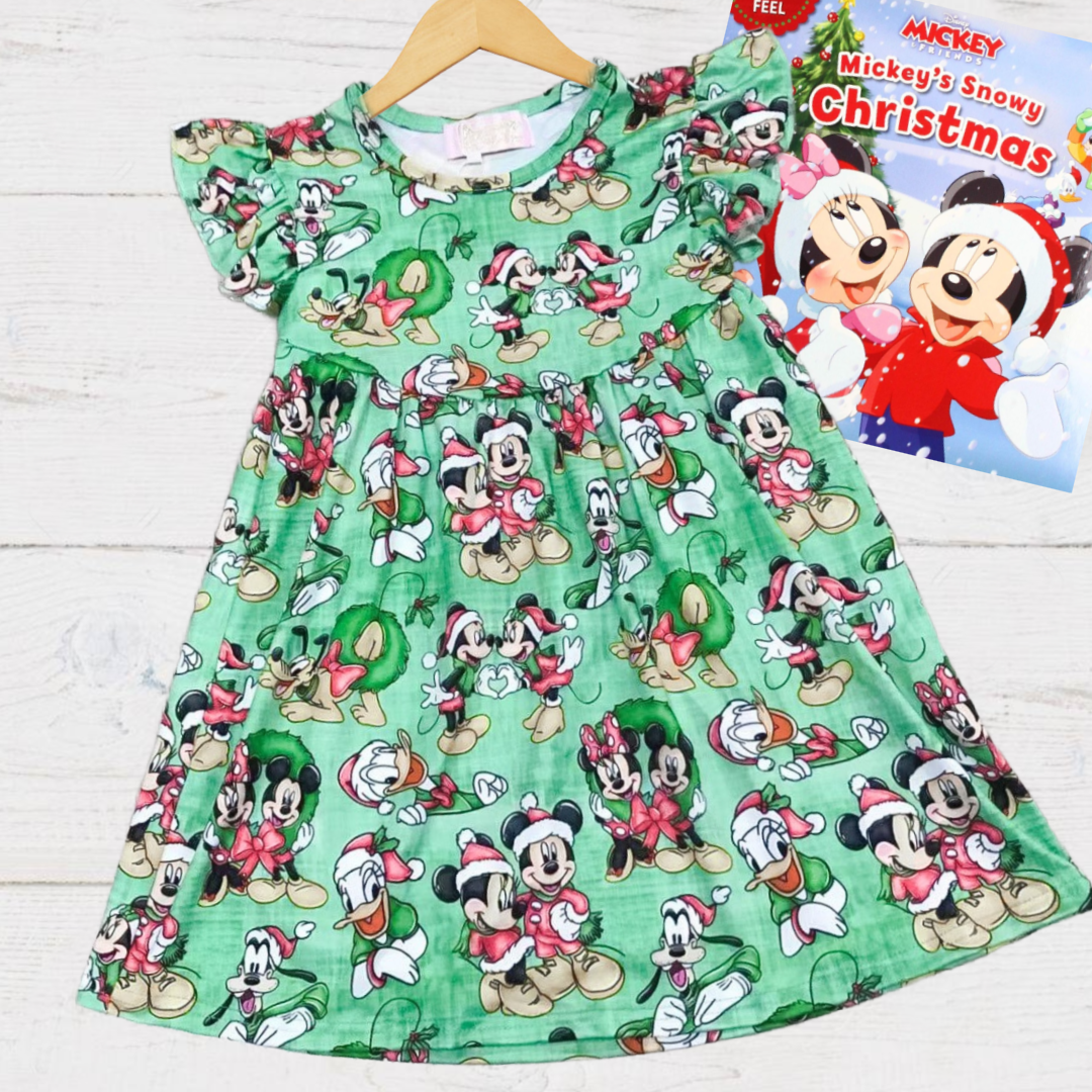 Girls Fun Holiday Character Dresses - Green Mickey Mouse & Friends Christmas