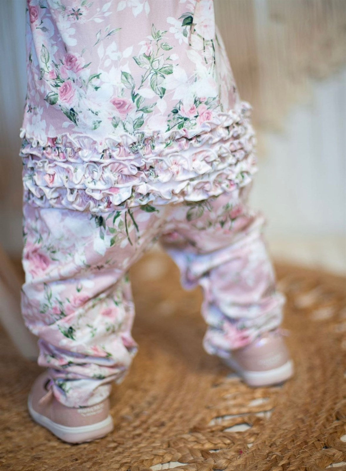 Baby Girls Vintage Dusty Blush Floral Ruffle Bum Deluxe Romper