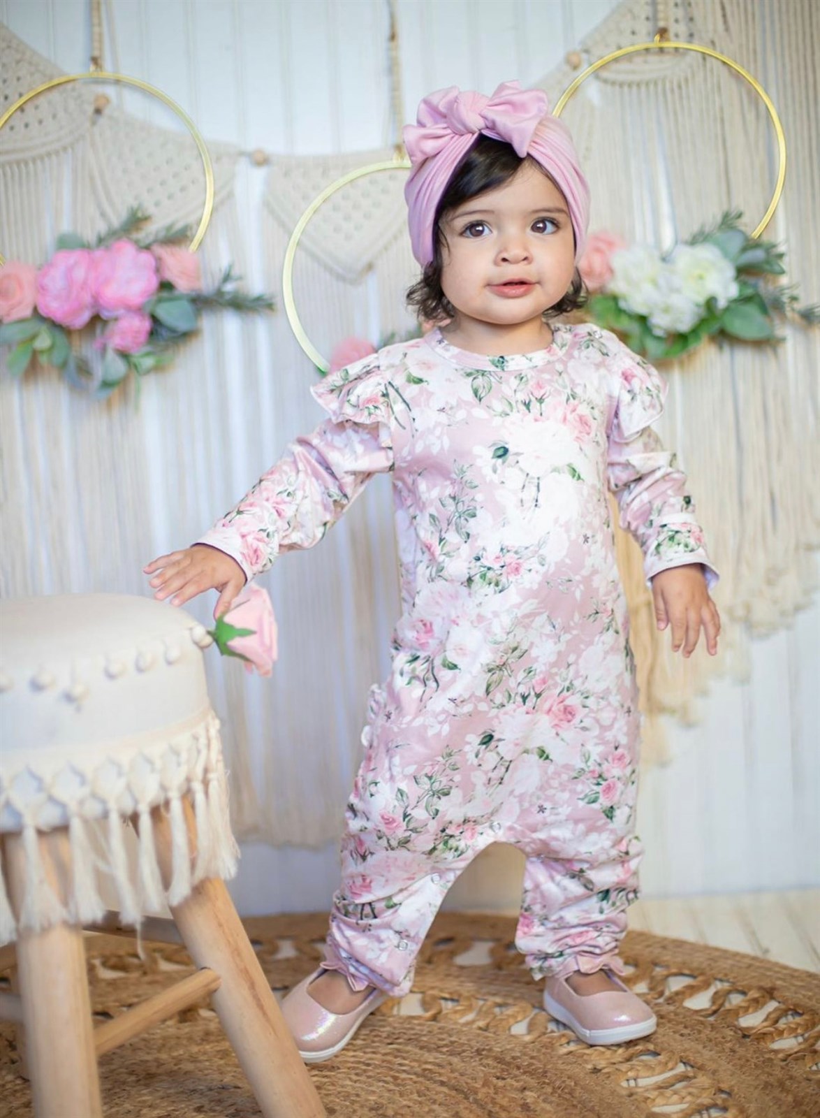 Baby Girls Vintage Dusty Blush Floral Ruffle Bum Deluxe Romper