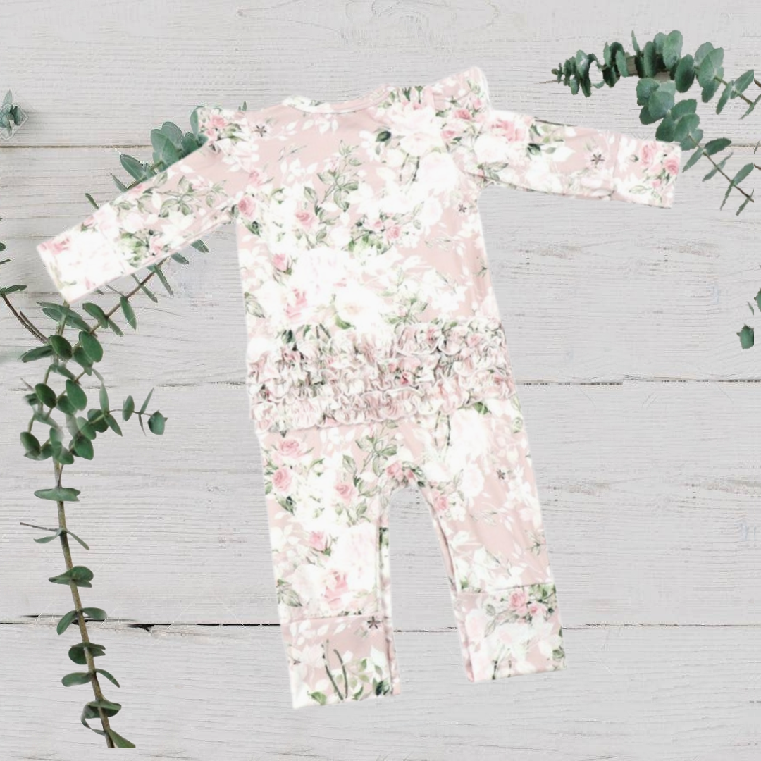 Baby Girls Vintage Dusty Blush Floral Ruffle Bum Deluxe Romper - back of romper showing the ruffle bum