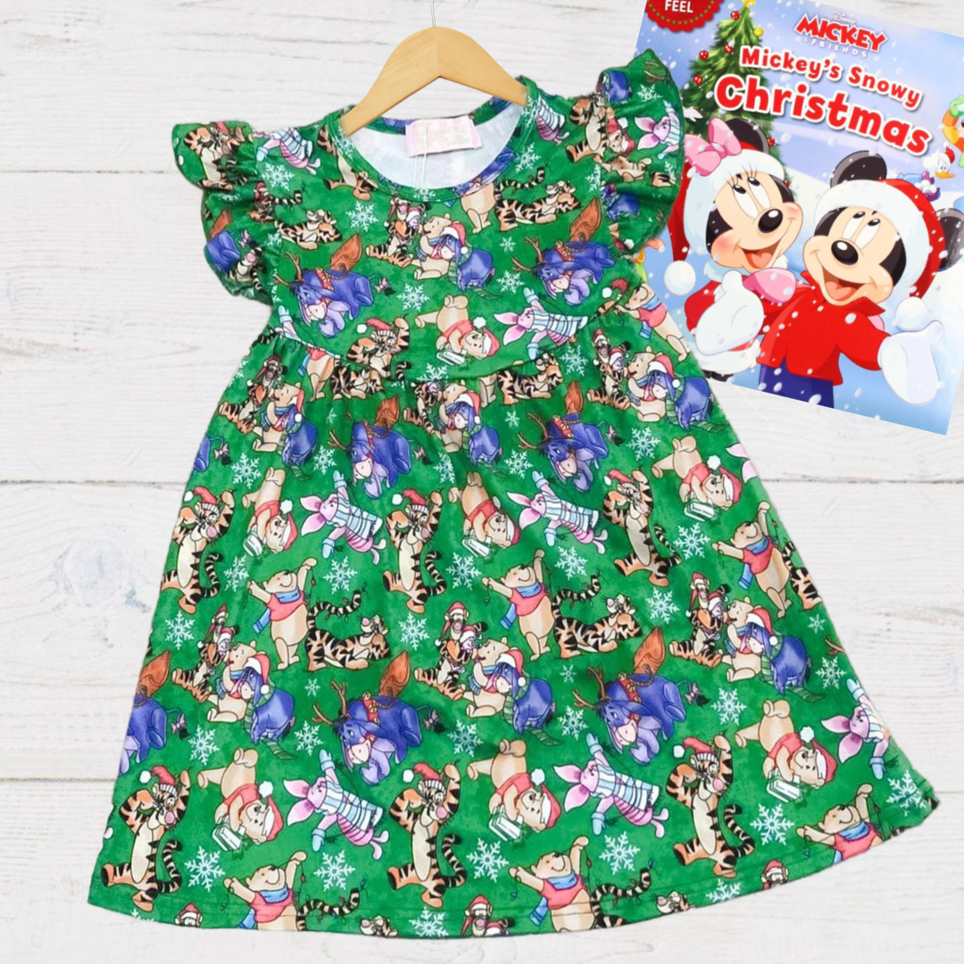 Girls Fun Holiday Character Dresses - Green Pooh & Friends 100-Acre Wood Christmas