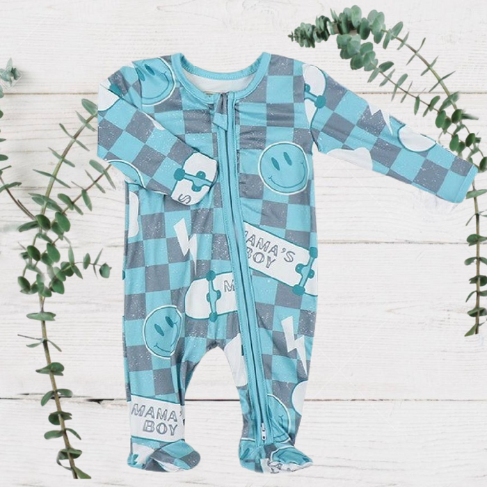 Boys Soft Sleepers With Double Zippers - Blue Check Mamas Boy