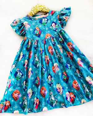 Girls Fun Character Dresses - Blue Frozen Diamond Friends - olaf, anna & elsa, sven, gnomes, trolls