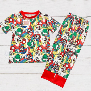 Boys 2-Piece Short Sleeve Pajamas - Mario & Friends Mushroom Carts - Mario, Yoshi, Toad with Power Up Star