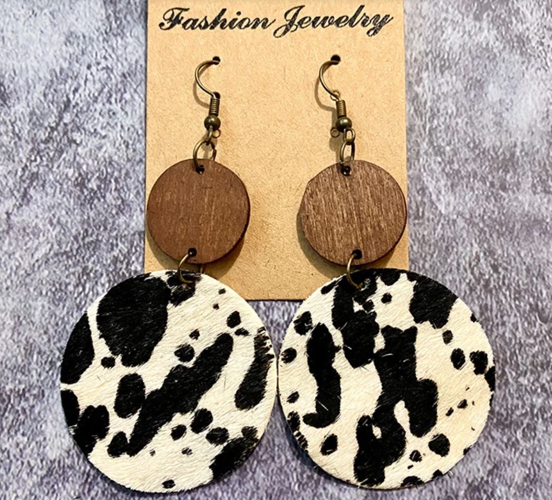 Vintage Western Earrings Wood Genuine Leather Horsehair Patchwork Drop Earrings Bohemian