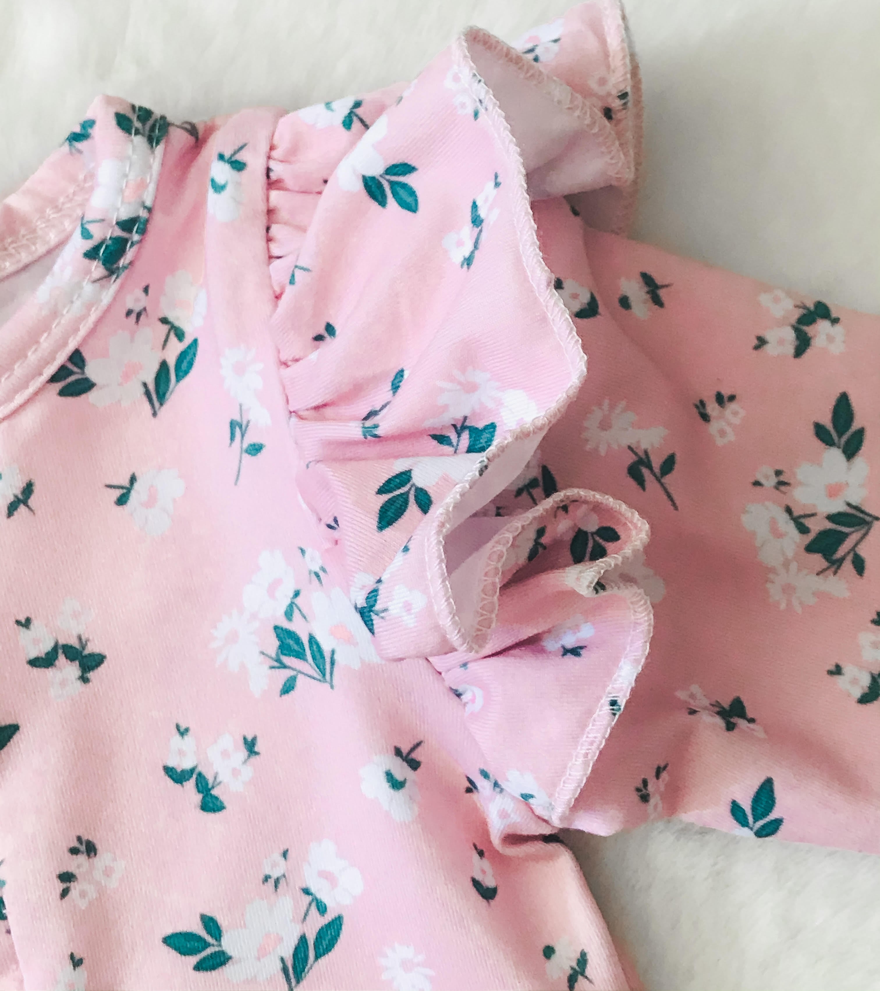 Baby Girls Pink Floral Deluxe Romper - ruffle shoulder detail close up