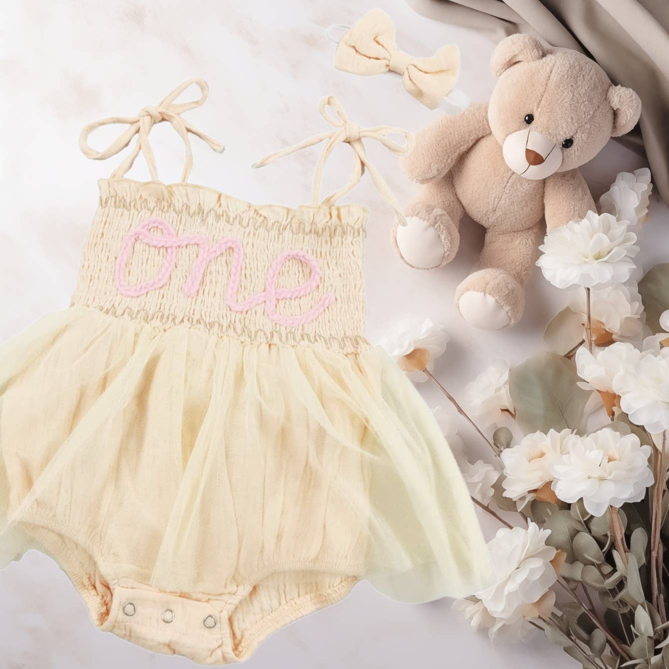 Baby Girl First Birthday Dress Tutu with Embroidered One - Yellow