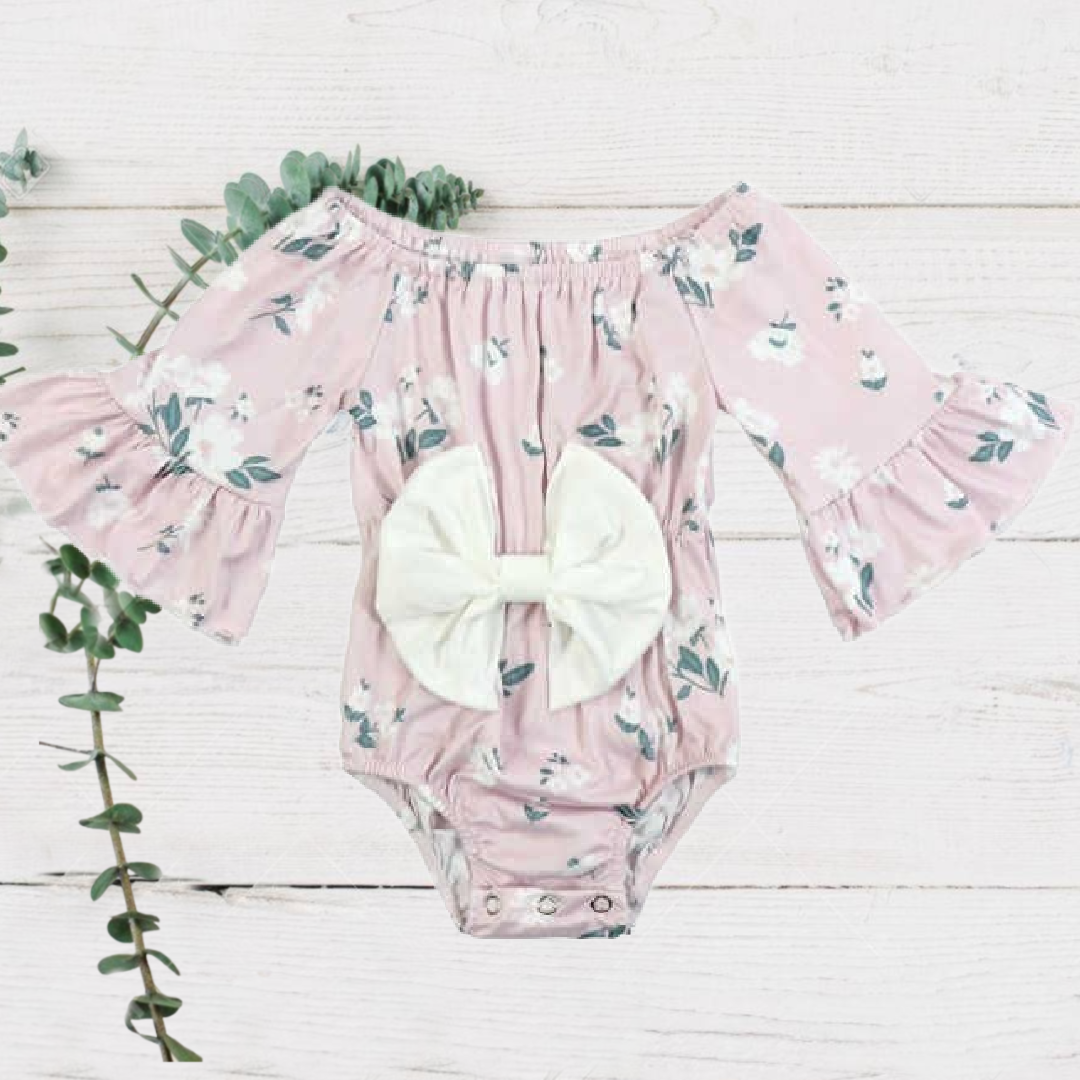 Baby Girls Off-Shoulder Pink Floral Belle Sleeves with White Bow Romper