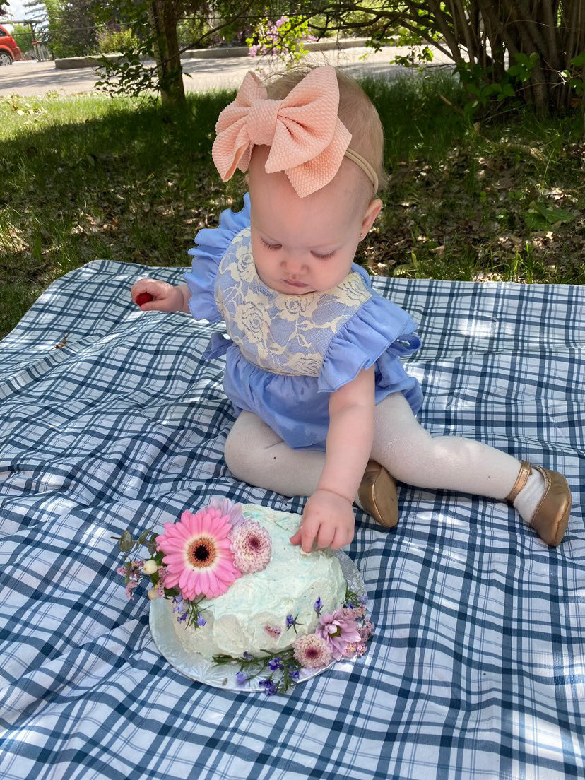 Baby Girls Blue Lace Front Linen Romper