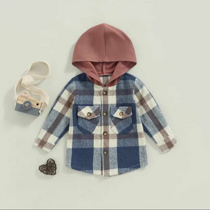 Blue & Forest Green Plaid with Maroon Hood - button down - 2 pockets at chest level