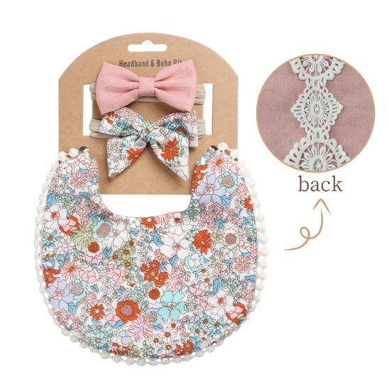 Reversible Baby Bib & Bow Set, Vintage floral pattern Pink with Blue Flowers