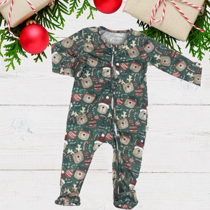 Dark Forest Green with Bears and Red Baubles, including different winter hats & candy canes with the same pattern as the trim.