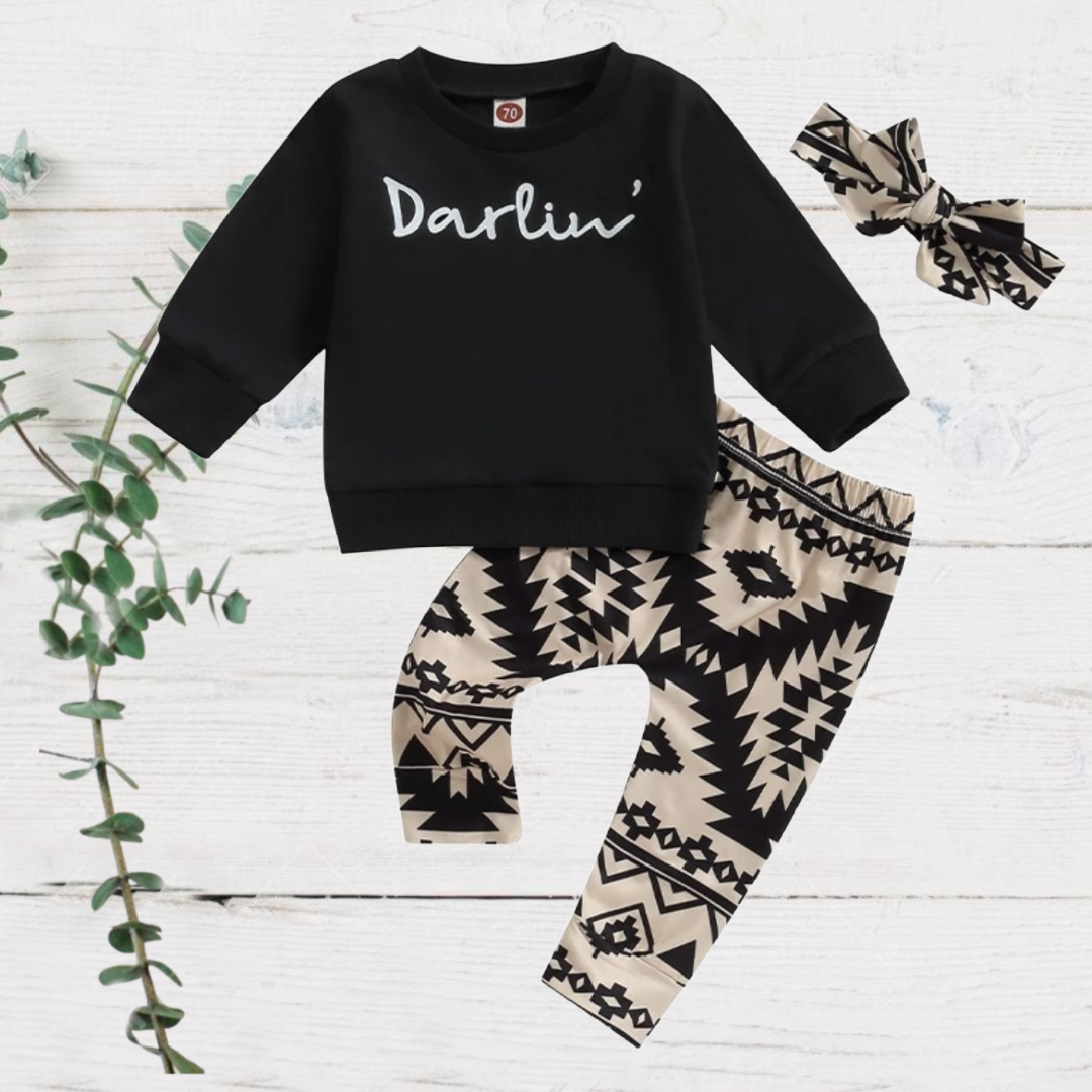 Girls 2-Piece Black Darlin Sweater with Tan Geometric Print Pants